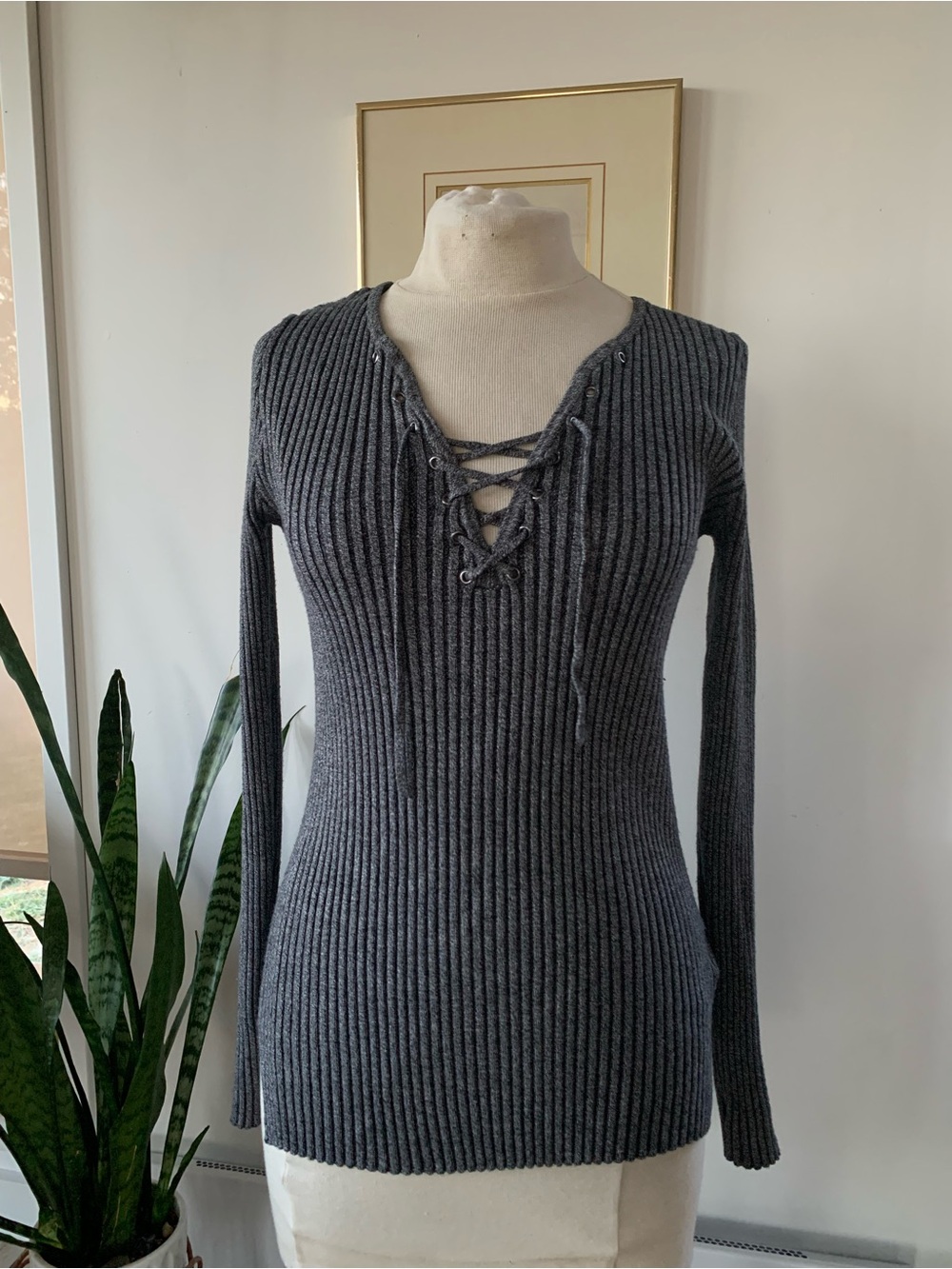 Y2K Ribbed Lace-Up Long Sleeve | Dark Gray | vintage collegiate basic girly